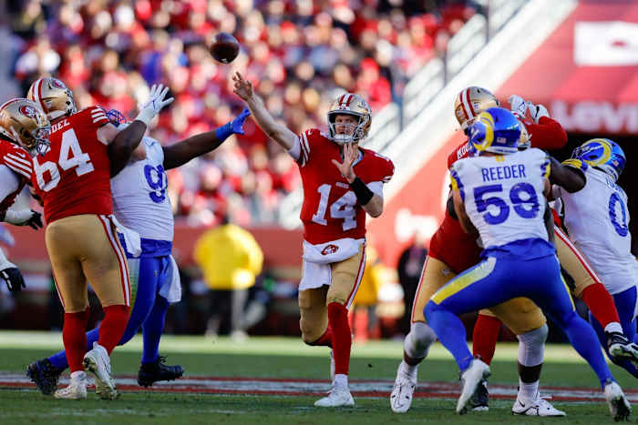 San Francisco 49ers quarterback Sam Darnold (14) throws a pass against the Los Angeles Rams. Mandatory Credit: Sergio Estrada-USA TODAY Sports